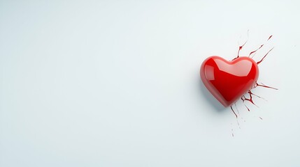 A red, broken heart shape, symbolizing lost love and Valentine's Day heartbreak, bleeds on a white background