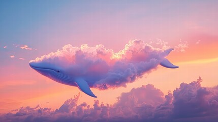 Fototapeta premium Whale of a Dream: A majestic blue whale sculpted from ethereal clouds soars across a canvas of pastel hues, evoking a sense of wonder, freedom, and the boundless potential of dreams. 