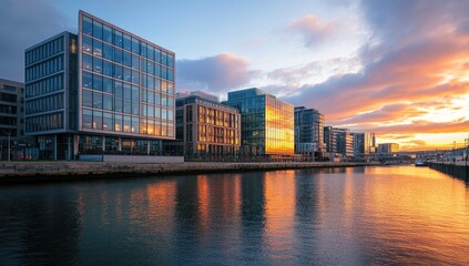 Fototapeta premium Modern office buildings reflected in a canal at sunset