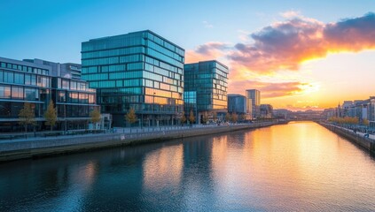 Obraz premium Modern cityscape riverside sunset reflection