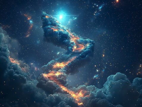 Fototapeta Stairway to Heaven: A mystical stairway ascends into a celestial sky, a pathway of light and clouds illuminating a breathtaking vista of stars and galaxies.