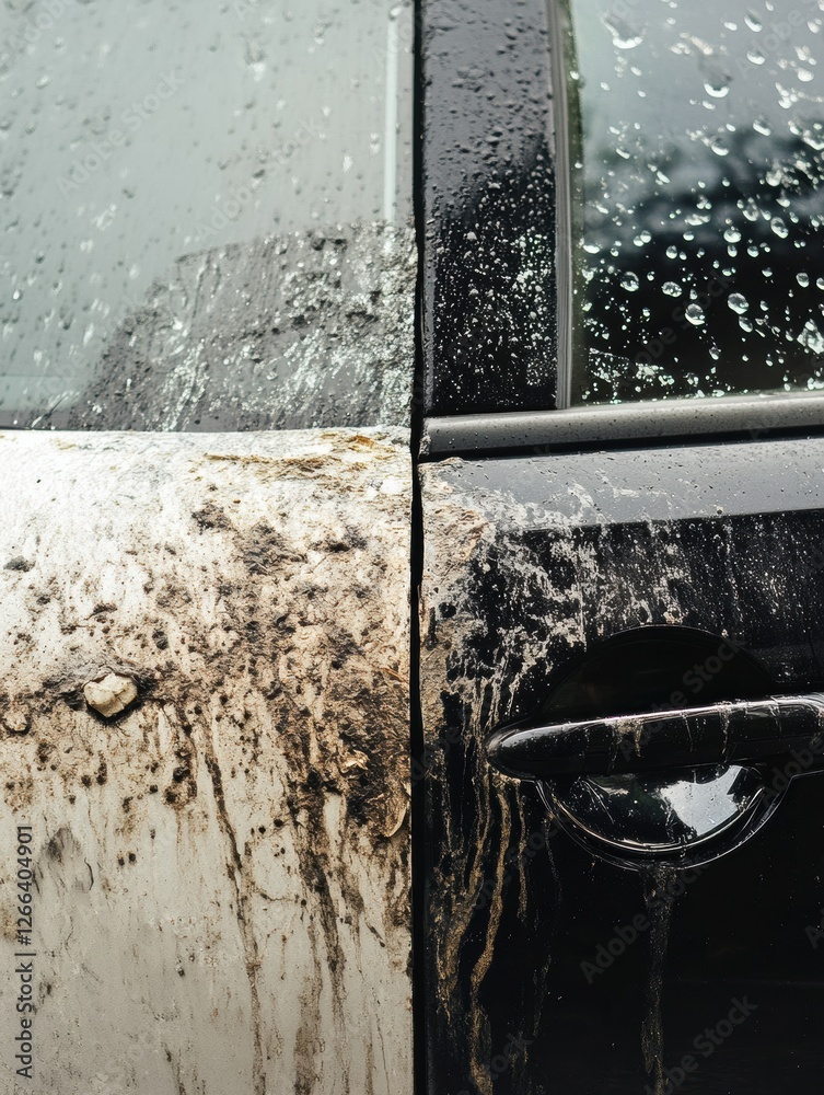 Poster comparison of a scratched and dirty car next to a shiny and polished car reveals contrasting vehicle