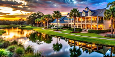 Obraz premium Savannah Harbor Resort Candid Photos: Luxurious Georgia Getaway, Scenic Riverfront Views, Golf Course Relaxation