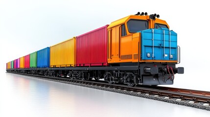 Fototapeta premium Colorful freight train with multiple containers on tracks against a clean white background