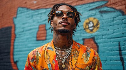Obraz premium Person with piercings standing confidently in front of an industrial mural, wearing bold streetwear