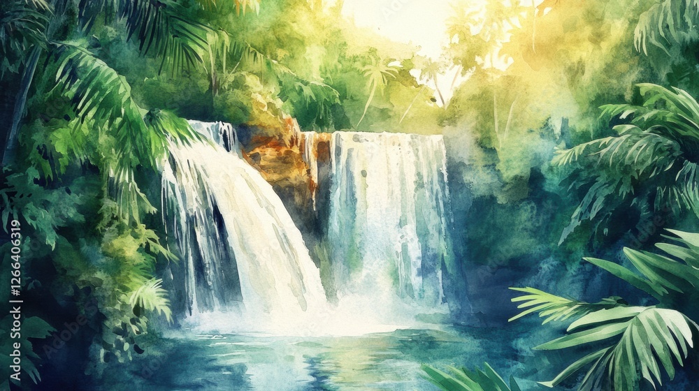 Aufkleber captivating waterfall cascading through lush greenery in a tropical jungle during golden hour light.