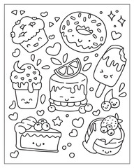 A kawaii-style coloring page featuring an assortment of adorable desserts and sweets, including cupcakes, ice cream, donuts, and candies, all with smiling faces and charming details, drawn in black an