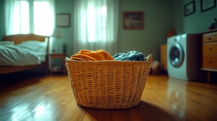Fototapeta premium Laundry basket in bedroom, near washer, sunlight