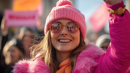 Women participating in a charity walk, holding banners and cheering each other on