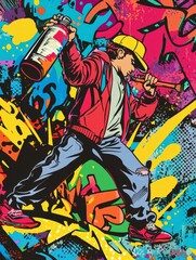 Urban Artistry: Dynamic street artist in action, enveloped in a vibrant explosion of graffiti colors, spray can in hand, expressing creativity and rebellion.