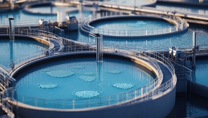 Industrial water treatment facility, circular tanks, processing, sunrise background