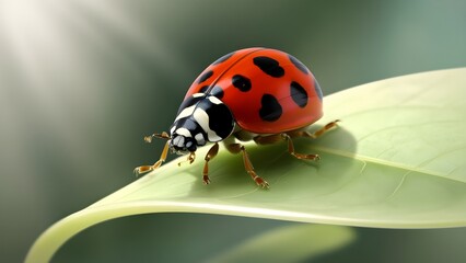 Obraz premium A vibrant, isolate ladybug with distinct red and black elliptical spots on its shiny exoskeleton, perched on a delicate green leaf, surrounded by soft, diffused natural light, with gentle shadows acce