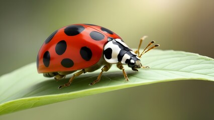 Fototapeta premium A vibrant, isolate ladybug with distinct red and black elliptical spots on its shiny exoskeleton, perched on a delicate green leaf, surrounded by soft, diffused natural light, with gentle shadows acce