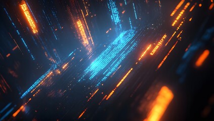 Digital data streams, dynamic glowing lines, abstract tunnel, futuristic server room