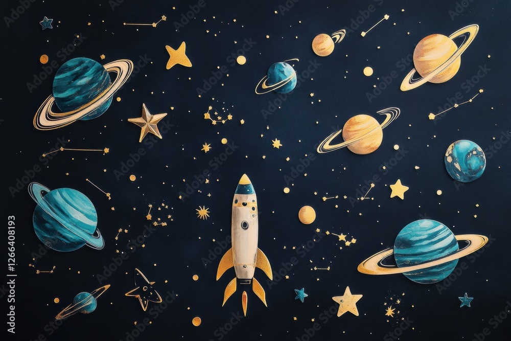 Poster colorful space themed stickers featuring planets and a rocket on a dark backdrop with stars. generat