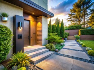Obraz premium Stunning modern home entrance: smart doorbell, landscaped pathway. Architectural photography showcases sleek design.