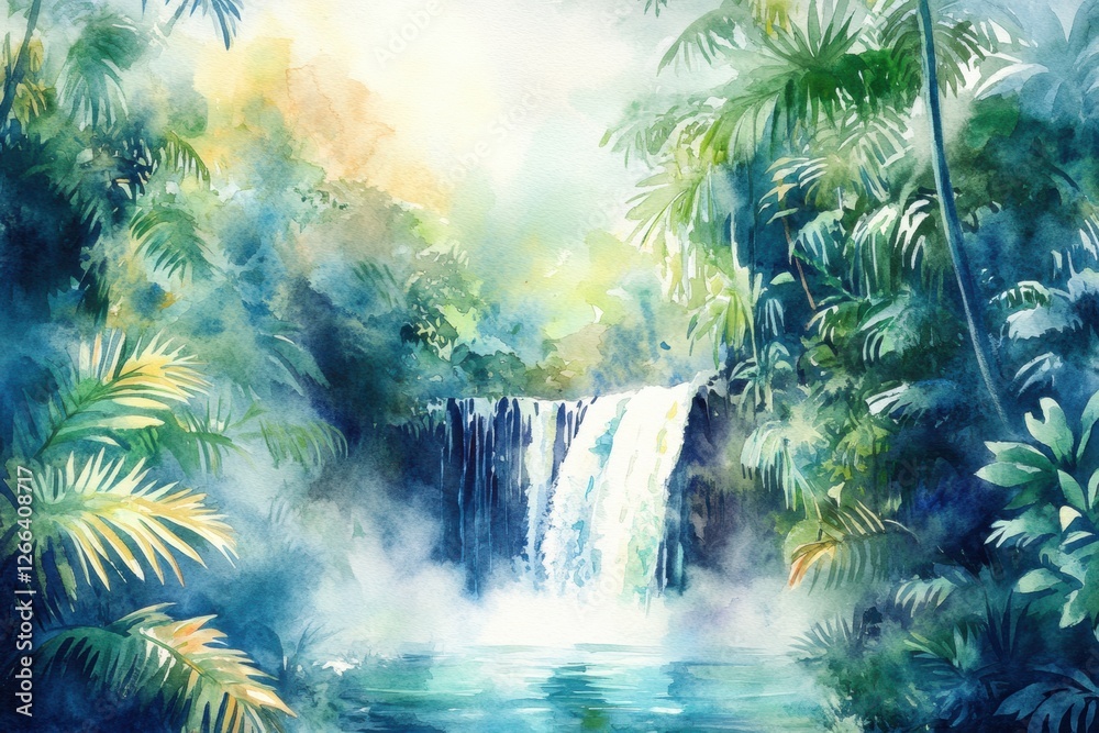 Poster Waterfall cascading through lush jungle foliage in a serene setting with misty atmosphere and vibrant greenery. Generative AI