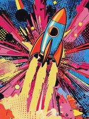 Blast Off! A vibrant pop-art illustration of a rocket ship soaring through a dazzling explosion of...