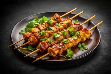 Fototapeta premium Succulent pork satay skewers gleam against a stark black backdrop.