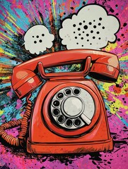 Vintage Rotary Phone Pop Art: A vibrant and colorful pop art illustration featuring a classic red...