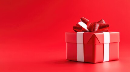 Obraz premium Red gift box with bow on red background; holiday celebration