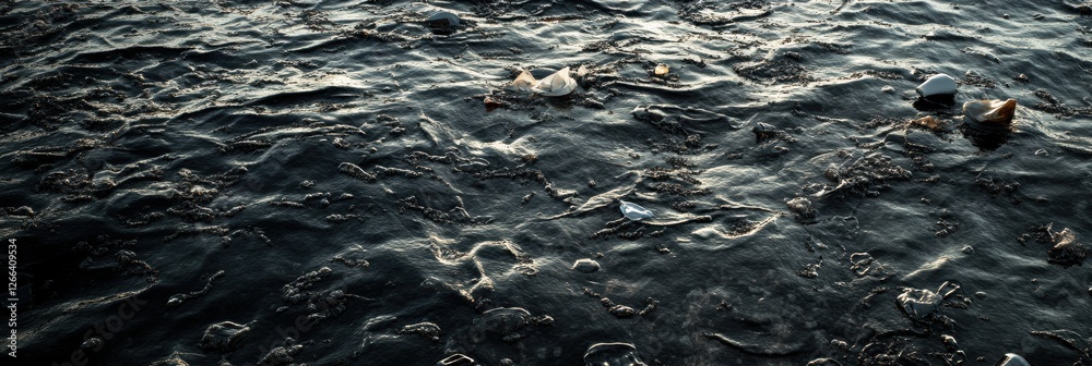 Poster Ocean surface littered with plastic waste including bottles and bags during daylight with empty space for text. Generative AI