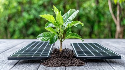 Fototapeta premium Young plant growing between solar panels