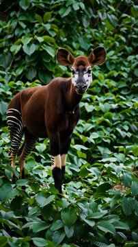 A graceful okapi walks against the backdrop of green foliage in a forest