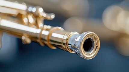 Brass instrument, trumpet mouthpiece close-up, blurred background