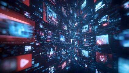 Digital news feed wall, moving data stream, abstract concept