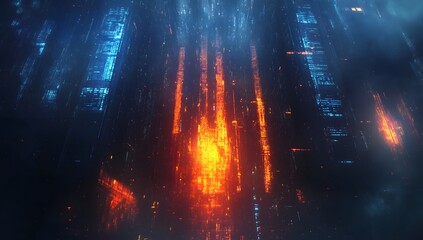 Cyberpunk city street vibrant glowing orange fire futuristic alley