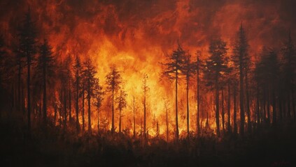 Fototapeta premium Forest fire raging through pine trees, ominous landscape
