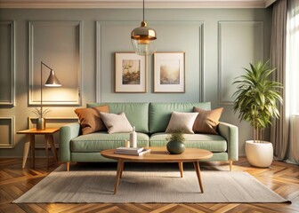 Fototapeta premium Vintage living room: cozy couch, coffee table, framed photo mockup. 3D render.