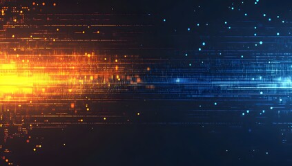 Abstract digital data stream collision, glowing lines, dark background