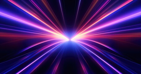 Abstract beautiful background with neon light lines, curved tunnel of time and space, digital futuristic wallpaper, blue purple orange gradient backdrop