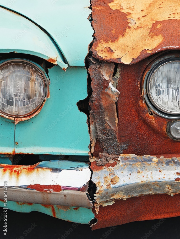 Poster comparison of a dented rusted car and a perfectly repaired vehicle illustrating restoration efforts.
