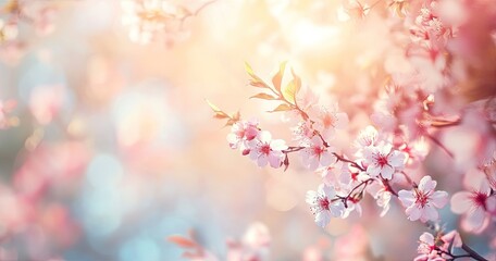 A soft, pastel-colored spring background with blurred flowers and trees, sunlight filtering through cherry blossoms. This dreamy scene evokes warmth and joy, perfect for spring designs and projects.