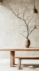A minimalist Scandinavian dining table, neutral tones, clean lines, a single vase with delicate flowers, elegant simplicity