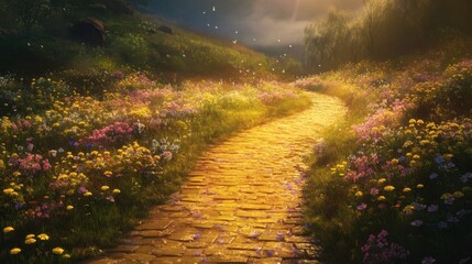 Obraz premium Serene Pathway Through Vibrant Flower Meadow in Golden Light