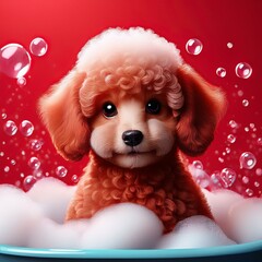 Pudel am Badetag, roter Hintergrund