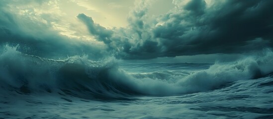 Fototapeta premium Stormy Ocean Waves Crashing Against Shore with Dramatic Clouds