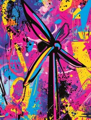 Obraz premium Energy in Art: A wind turbine silhouette dominates a vibrant splash art composition, rendered with bold strokes of paint and dynamic colors