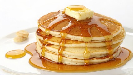close up stack of pancakes with syrup, isolated on white background