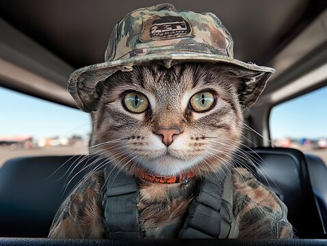 Cat explorer driving a car, created by generative AI