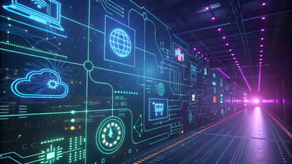 Obraz premium Highly Digitized Background with Digital Symbols and Intertwined Lines. Perfect for: Cyber Security Awareness, Innovation Conferences, High-Tech Forums