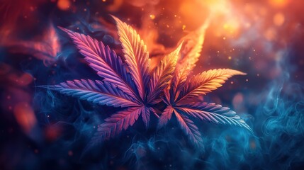 Vibrant cannabis leaves illuminated by colorful smoke, creating a mystical atmosphere