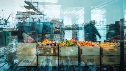 Docks, waterfront, fresh produce, cargo ships in background