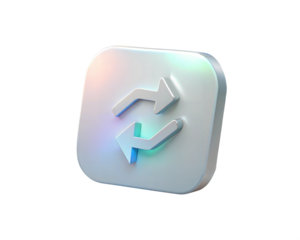 A futuristic holographic 3D icon featuring a refresh or repost symbol with arrows, isolated on white background, representing the concept of repetition, update, or refresh in digital media.