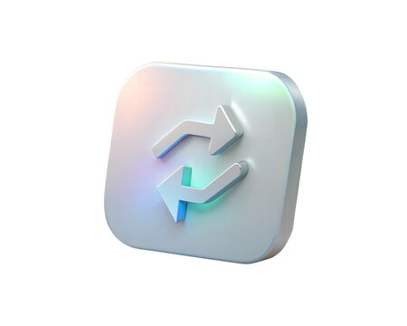 A futuristic holographic 3D icon featuring a refresh or repost symbol with arrows, isolated on white background, representing the concept of repetition, update, or refresh in digital media.