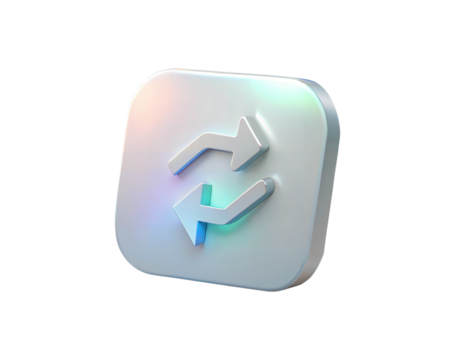 A futuristic holographic 3D icon featuring a refresh or repost symbol with arrows, isolated on white background, representing the concept of repetition, update, or refresh in digital media.